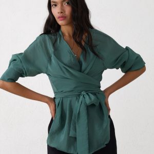 Green Double Breasted Collar Tie Detail Long Sleeve Blouse