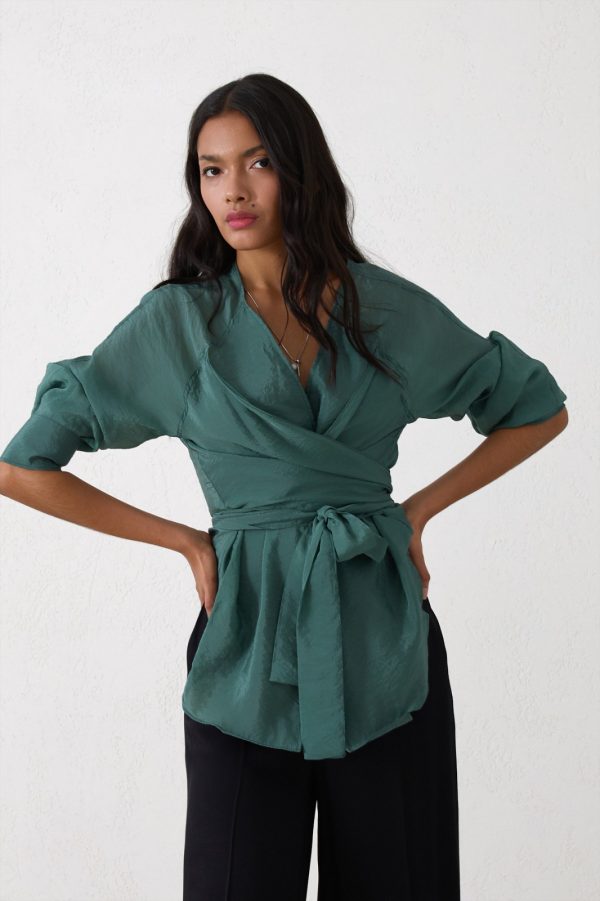 Green Double Breasted Collar Tie Detail Long Sleeve Blouse