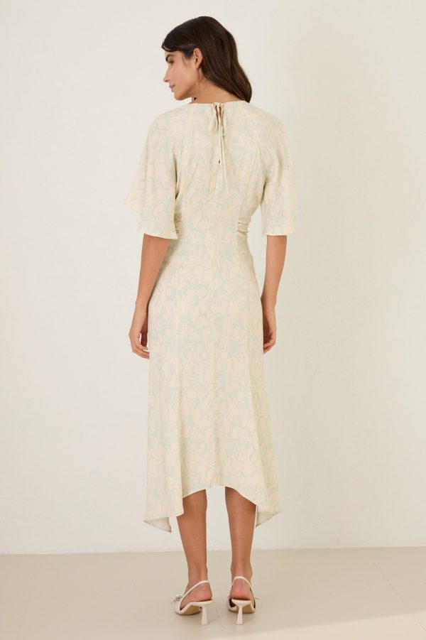 Beige Waist and Sleeve Detailed Patterned Long Dress - Image 2