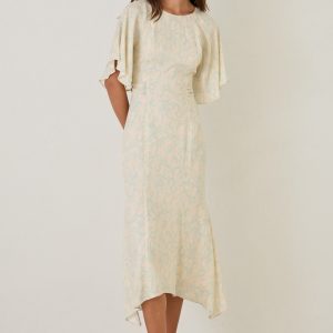 Beige Waist and Sleeve Detailed Patterned Long Dress
