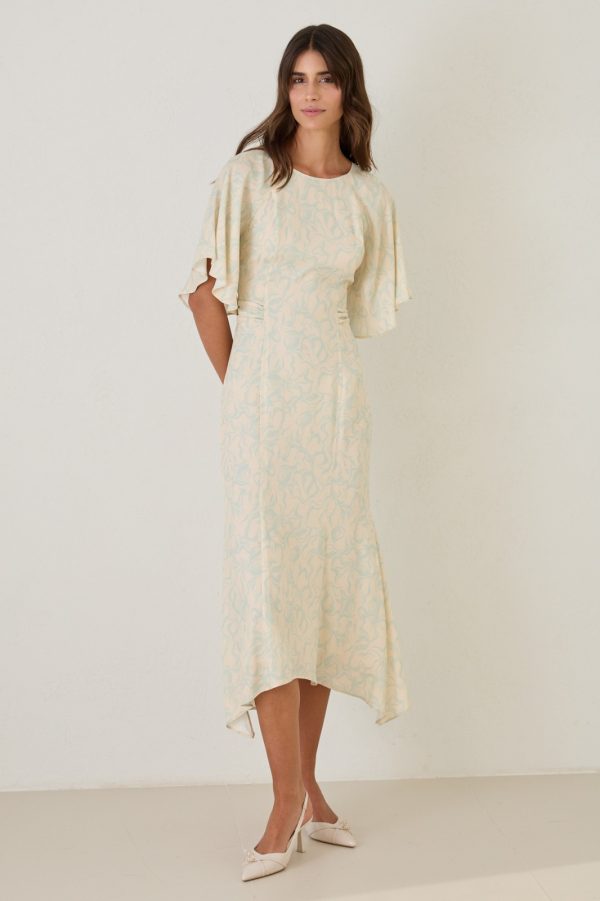Beige Waist and Sleeve Detailed Patterned Long Dress