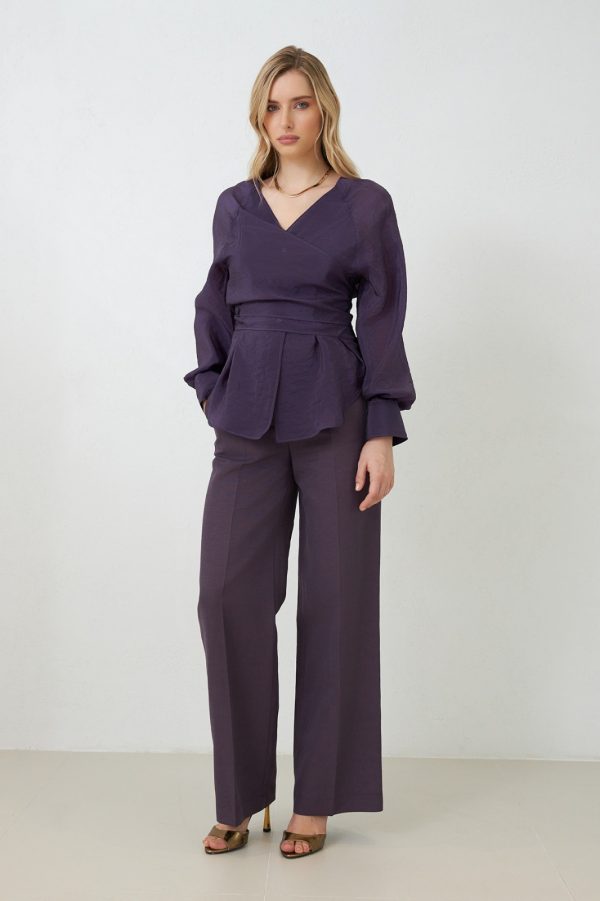 Purple Double Breasted Collar Tie Detail Long Sleeve Blouse - Image 2