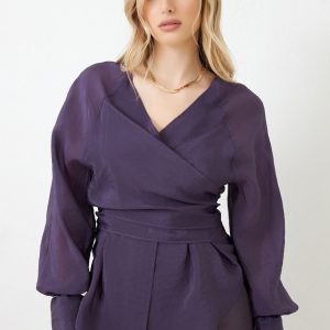 Purple Double Breasted Collar Tie Detail Long Sleeve Blouse