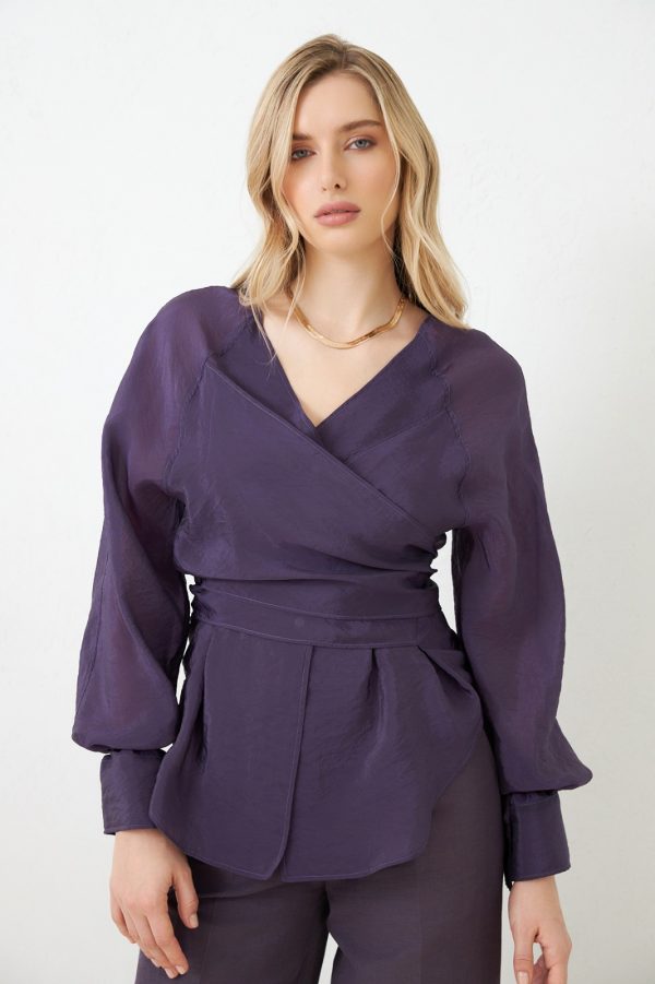Purple Double Breasted Collar Tie Detail Long Sleeve Blouse
