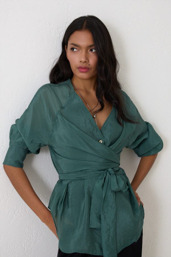 Green Double Breasted Collar Tie Detail Long Sleeve Blouse - Image 4