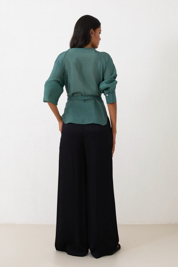 Green Double Breasted Collar Tie Detail Long Sleeve Blouse - Image 5