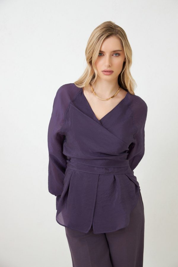 Purple Double Breasted Collar Tie Detail Long Sleeve Blouse - Image 4