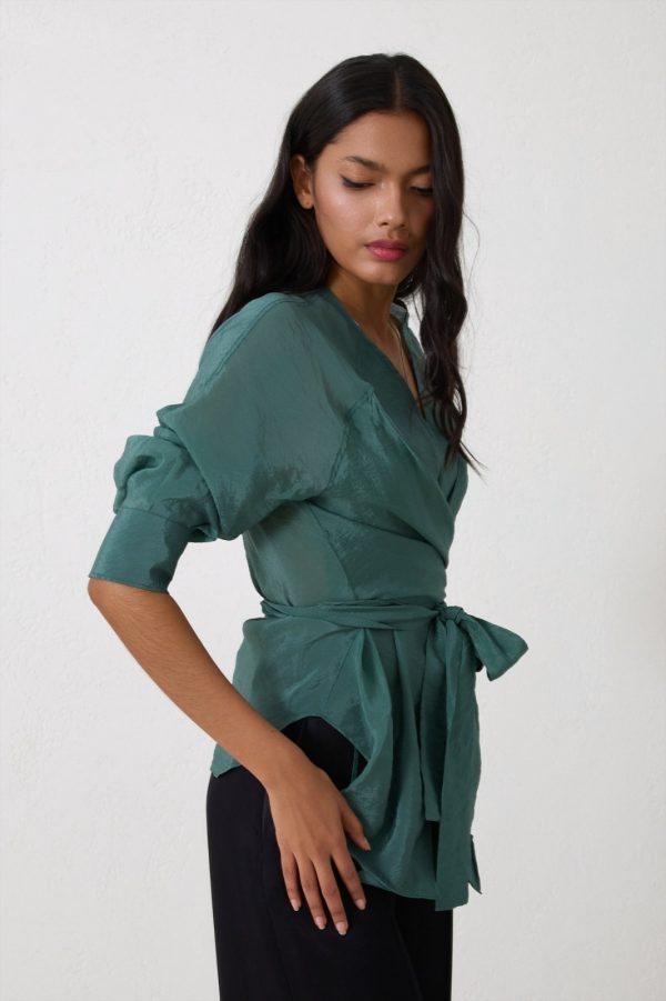 Green Double Breasted Collar Tie Detail Long Sleeve Blouse - Image 3