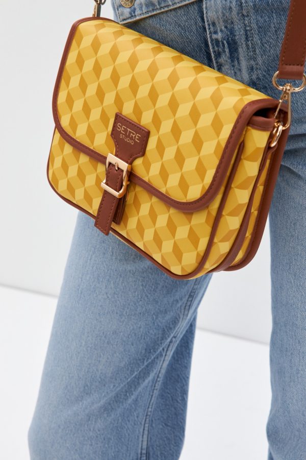 Camel Belt Buckle Detailed Geometric Pattern Medium Size Bag - Image 2