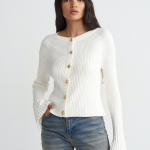 Crew Neck Buttoned Spanish Sleeve Knitted Cardigan - One size