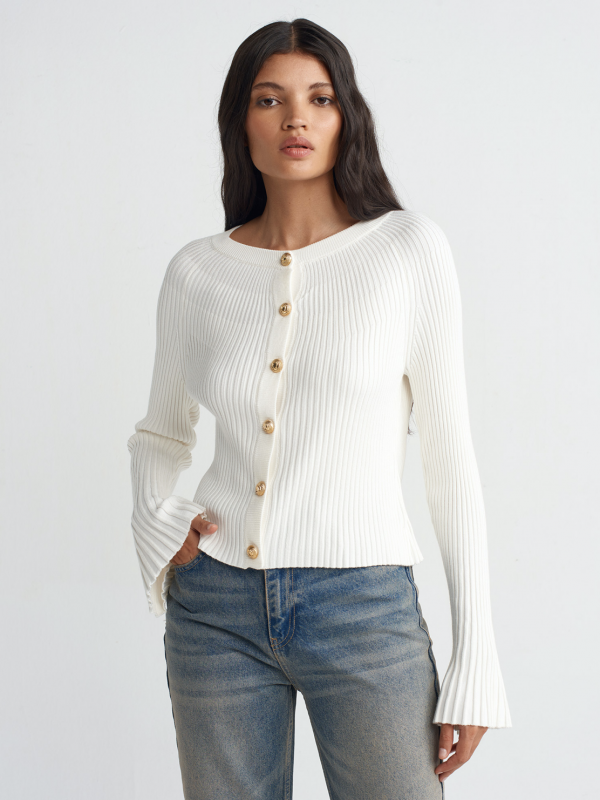 Crew Neck Buttoned Spanish Sleeve Knitted Cardigan - One size
