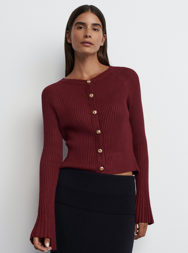 Crew Neck Buttoned Spanish Sleeve Knitted Cardigan - One size
