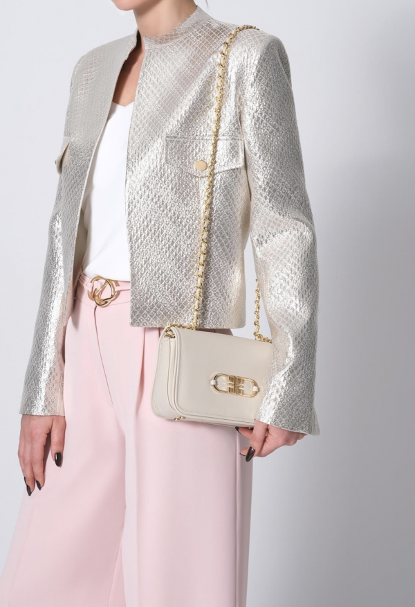 Leather, Stylish Bag Detailed With Gold Logo - Ecru - Image 2