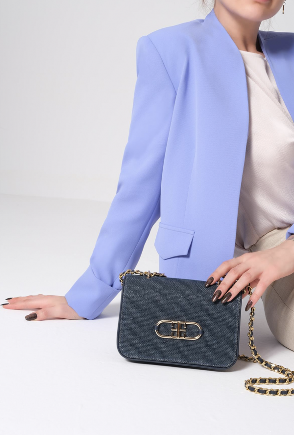 Linen, Leather Garnish, Chain Strap Stylish Bag - Navy - Image 5