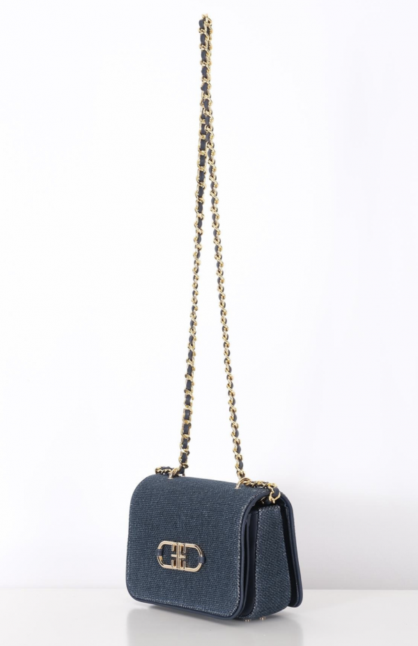 Linen, Leather Garnish, Chain Strap Stylish Bag - Navy - Image 4