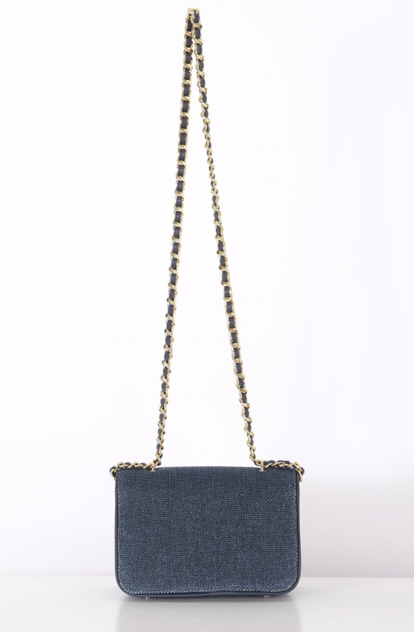 Linen, Leather Garnish, Chain Strap Stylish Bag - Navy - Image 3