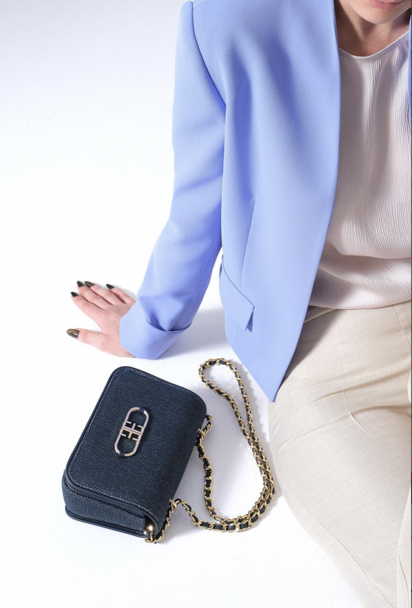 Linen, Leather Garnish, Chain Strap Stylish Bag - Navy - Image 2