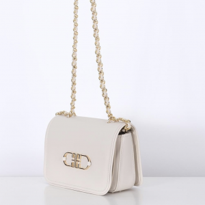 Leather, Stylish Bag Detailed With Gold Logo - Ecru