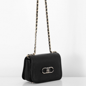Leather, Stylish Bag Detailed With Gold Logo - Black