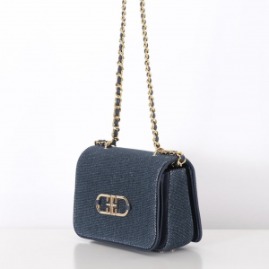 Linen, Leather Garnish, Chain Strap Stylish Bag - Navy