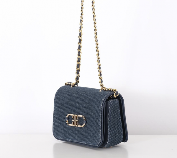 Linen, Leather Garnish, Chain Strap Stylish Bag - Navy