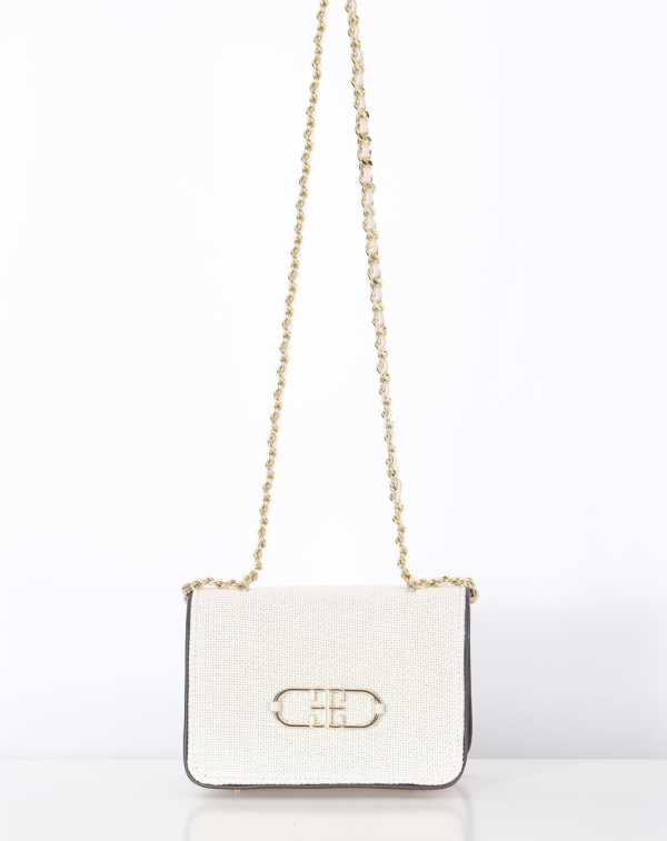 Linen, Leather Garnish, Chain Strap Stylish Bag - Ecru - Image 2