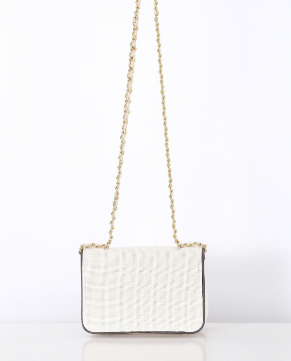 Linen, Leather Garnish, Chain Strap Stylish Bag - Ecru - Image 3