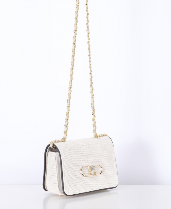 Linen, Leather Garnish, Chain Strap Stylish Bag - Ecru - Image 4