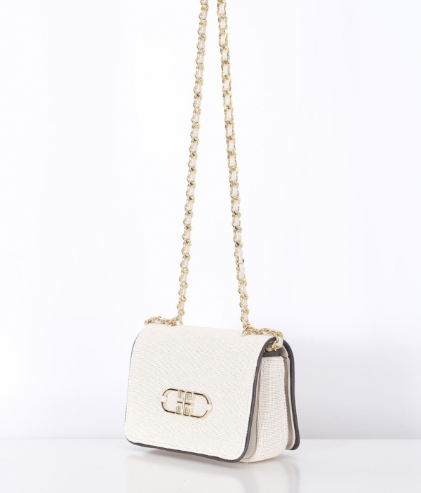 Linen, Leather Garnish, Chain Strap Stylish Bag - Ecru - Image 5