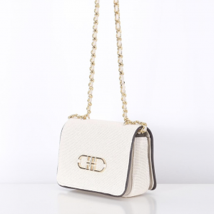Linen, Leather Garnish, Chain Strap Stylish Bag - Ecru