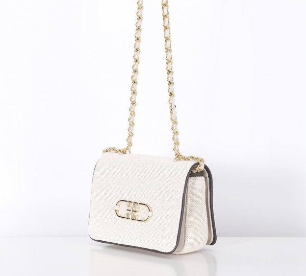 Linen, Leather Garnish, Chain Strap Stylish Bag - Ecru