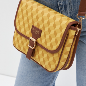 Camel Belt Buckle Detailed Geometric Pattern Medium Size Bag