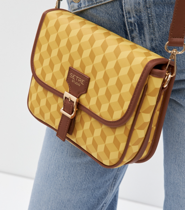 Camel Belt Buckle Detailed Geometric Pattern Medium Size Bag