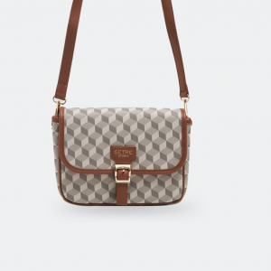 Camel Belt Buckle Detailed Geometric Pattern Medium Size Bag