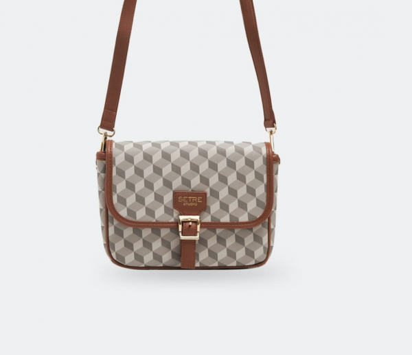 Camel Belt Buckle Detailed Geometric Pattern Medium Size Bag