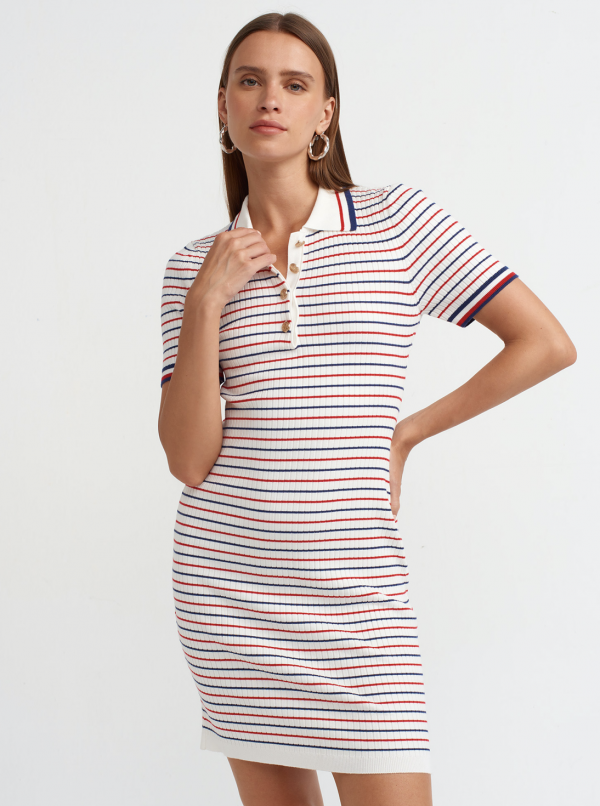 Polo Collar Striped Knit Mini Dress - One Size - Image 2