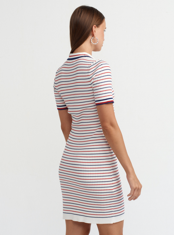Polo Collar Striped Knit Mini Dress - One Size - Image 3