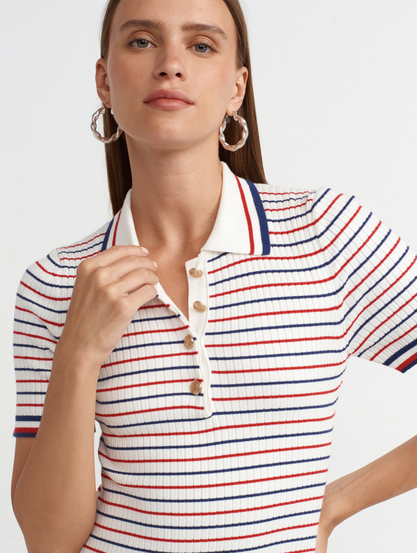 Polo Collar Striped Knit Mini Dress - One Size - Image 5