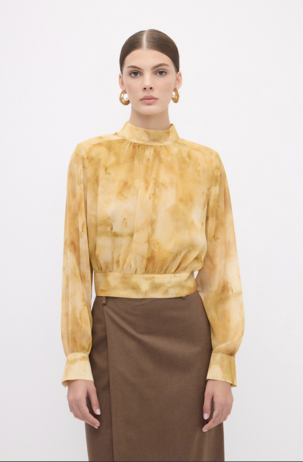 Printed Gold Back Tie Blouse - Chiffon - Image 2