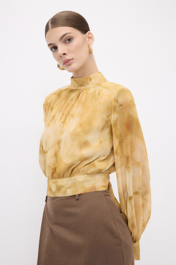 Printed Gold Back Tie Blouse - Chiffon