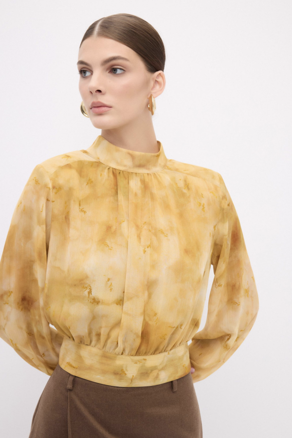 Printed Gold Back Tie Blouse - Chiffon - Image 5