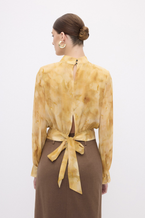 Printed Gold Back Tie Blouse - Chiffon - Image 6