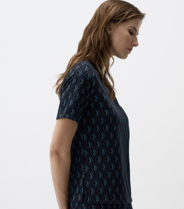 Navy Blue - Crew Neck Relaxed Cut Patterned Knitted T-Shirt - Image 2
