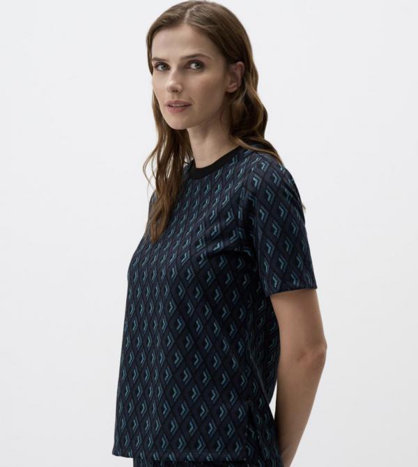 Navy Blue - Crew Neck Relaxed Cut Patterned Knitted T-Shirt - Image 3