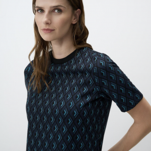 Navy Blue - Crew Neck Relaxed Cut Patterned Knitted T-Shirt