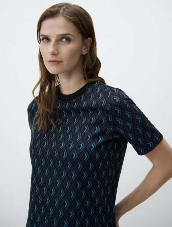 Navy Blue - Crew Neck Relaxed Cut Patterned Knitted T-Shirt