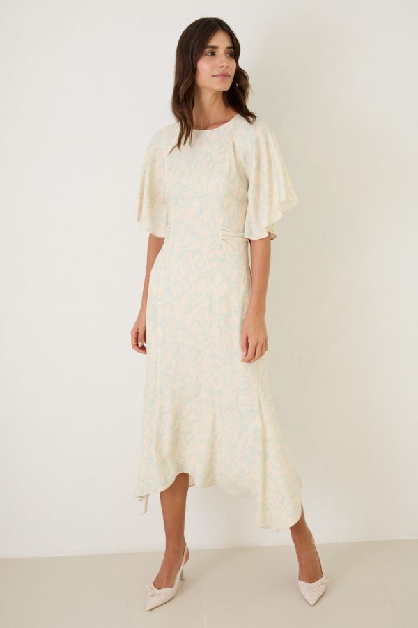 Beige Waist and Sleeve Detailed Patterned Long Dress - Image 4